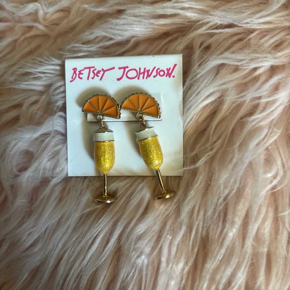 Betsey Johnson Yellow Glitter Champagne Glass Drop Earrings with Orange Fans